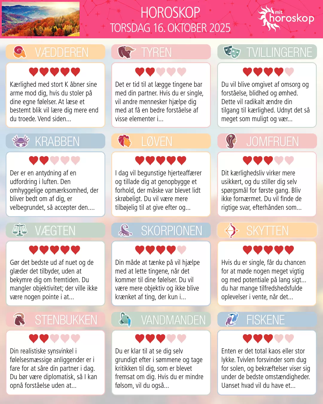 Horoskop for torsdag 16. oktober 2025