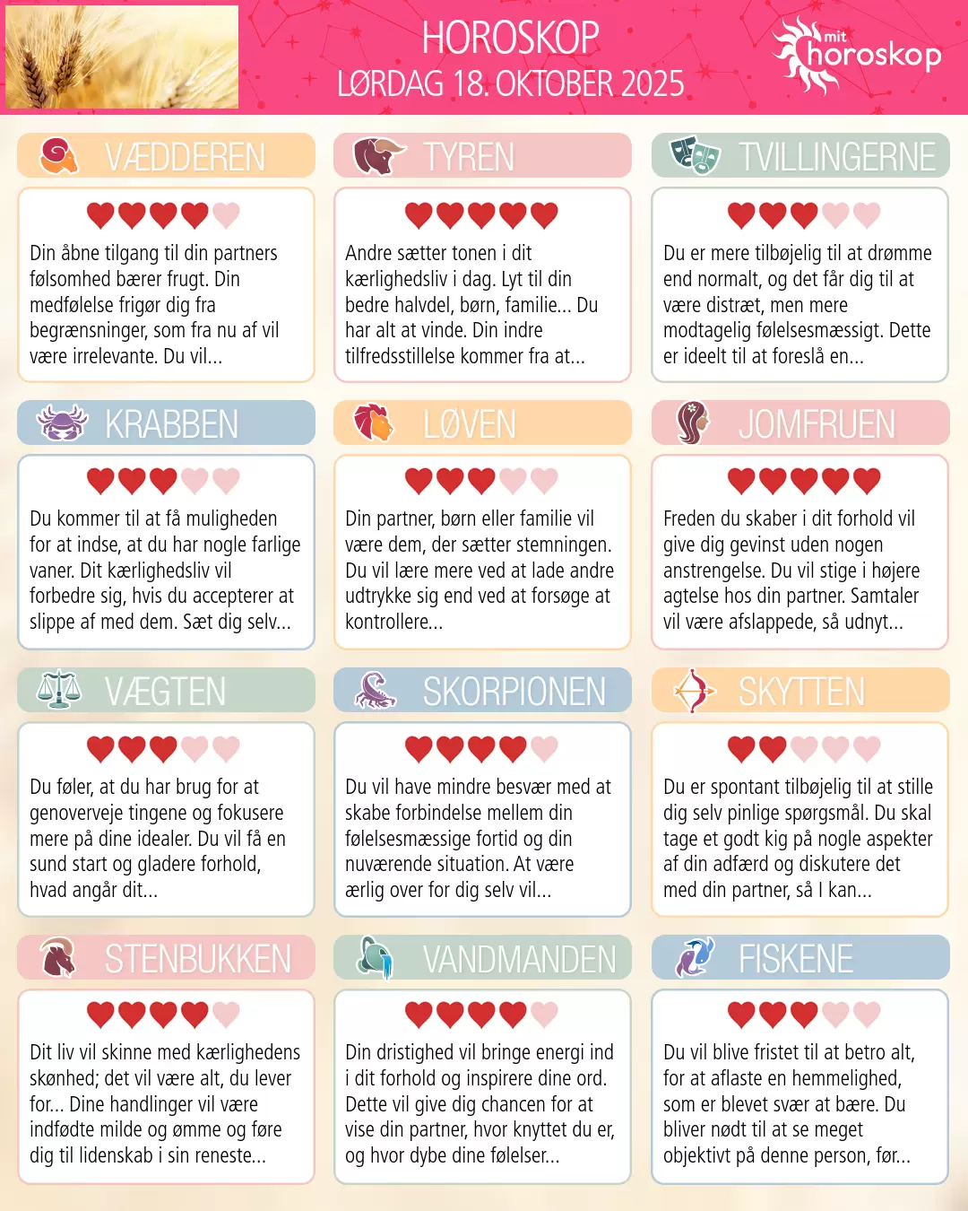 Horoskop for lørdag 18. oktober 2025
