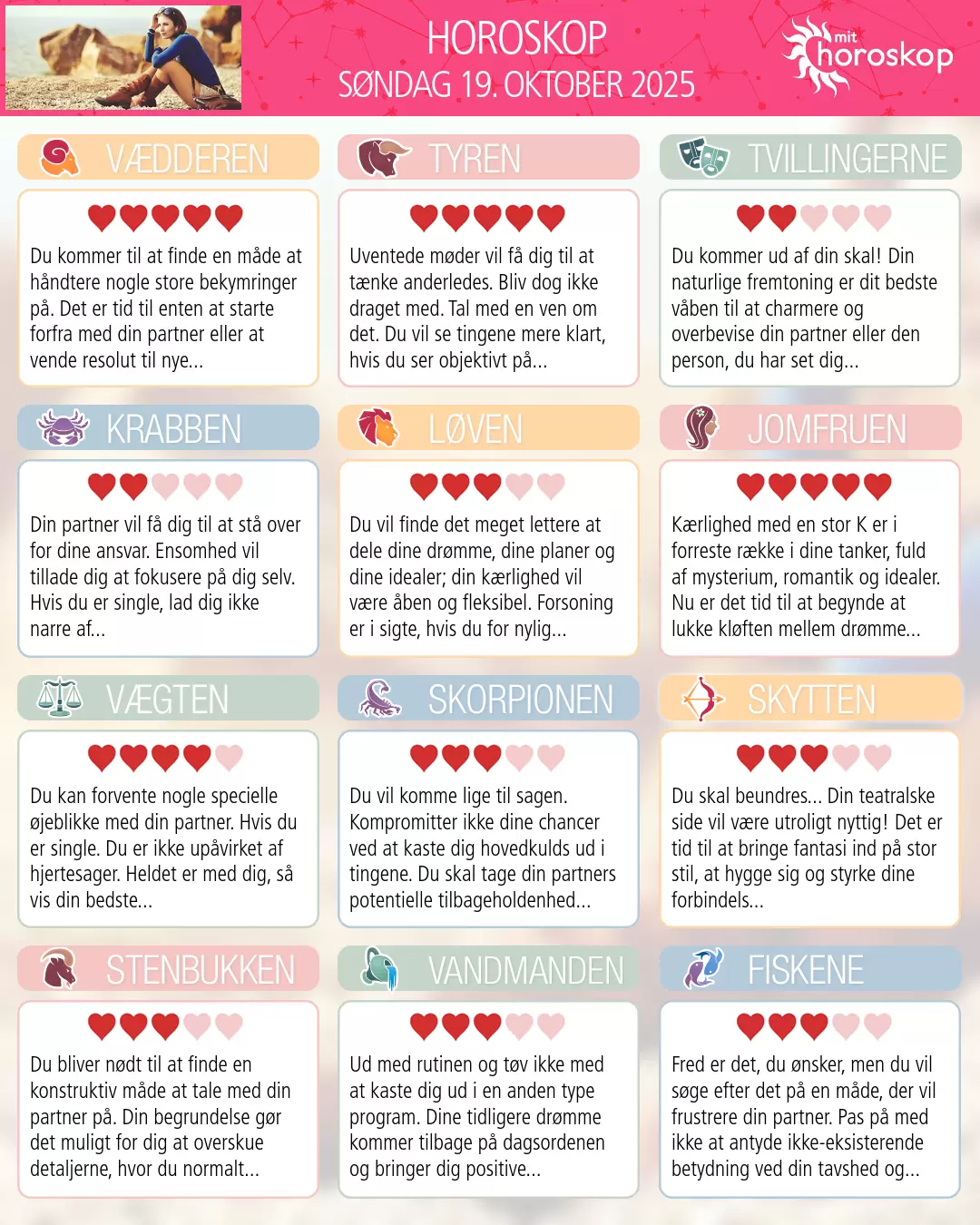Horoskop for søndag 19. oktober 2025