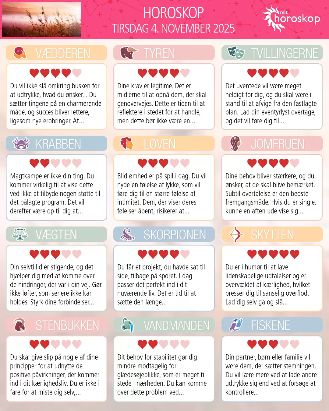 Horoskop for tirsdag 4. november 2025