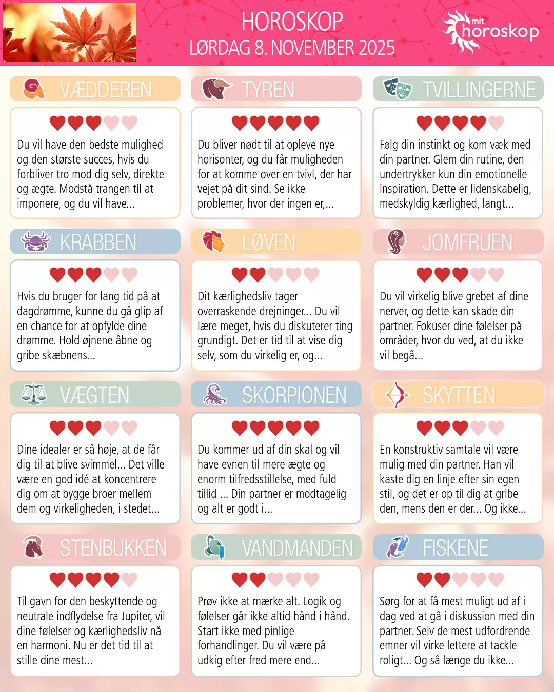 Horoskop for lørdag 8. november 2025