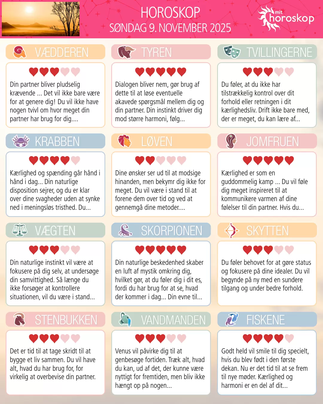 Horoskop for søndag 9. november 2025