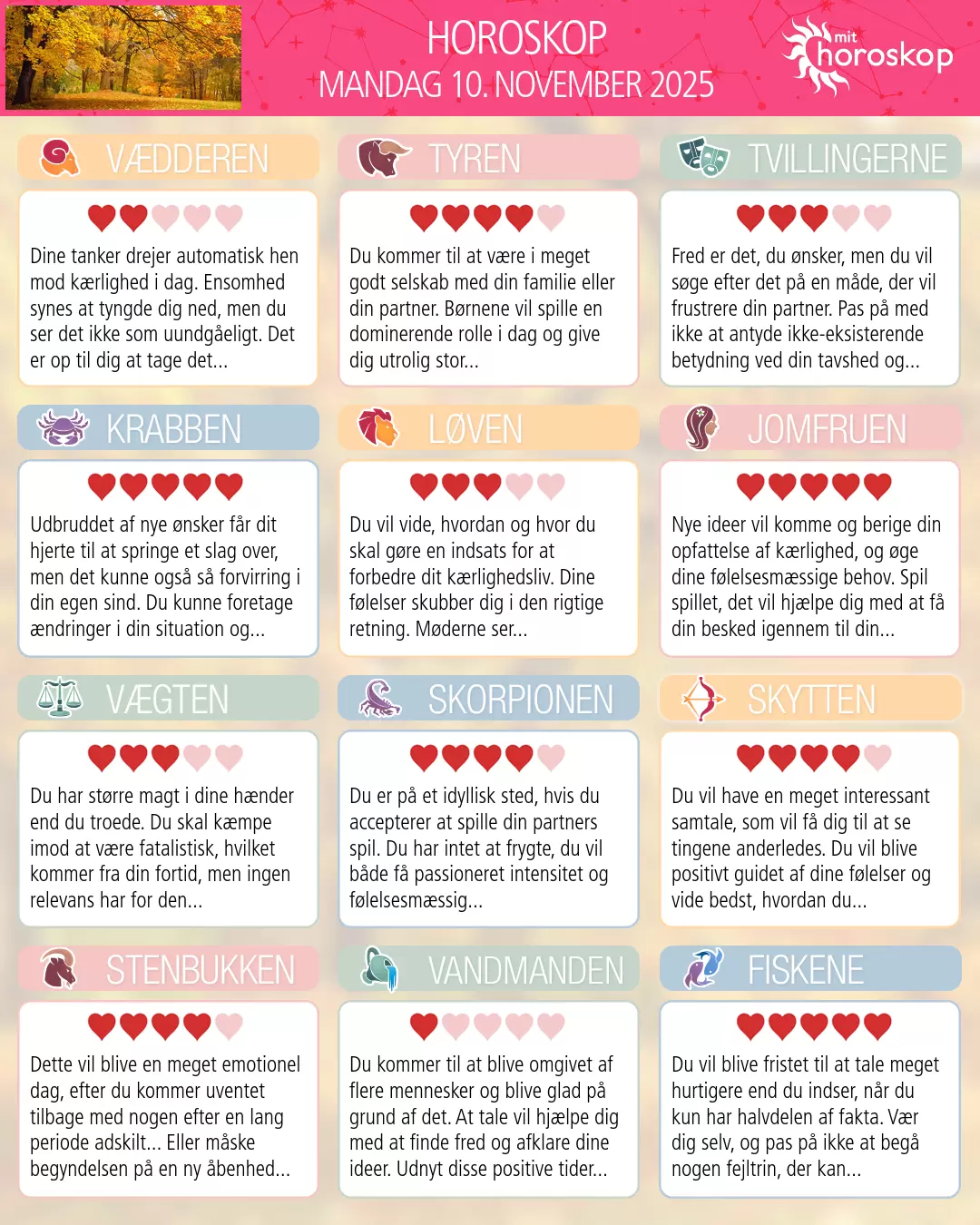 Horoskop for mandag 10. november 2025