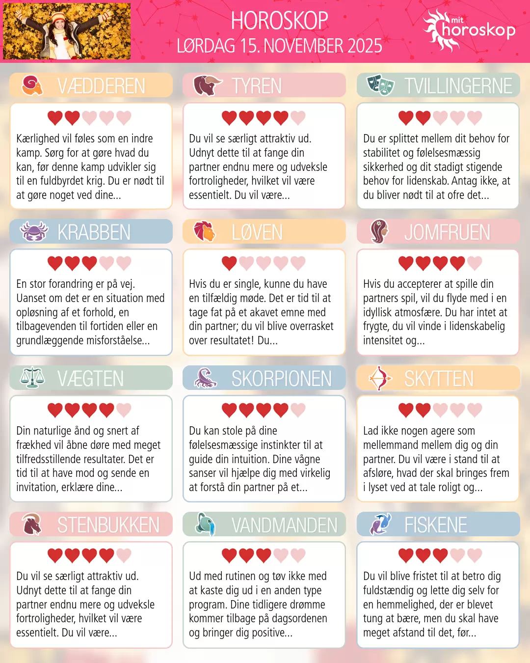 Horoskop for lørdag 15. november 2025