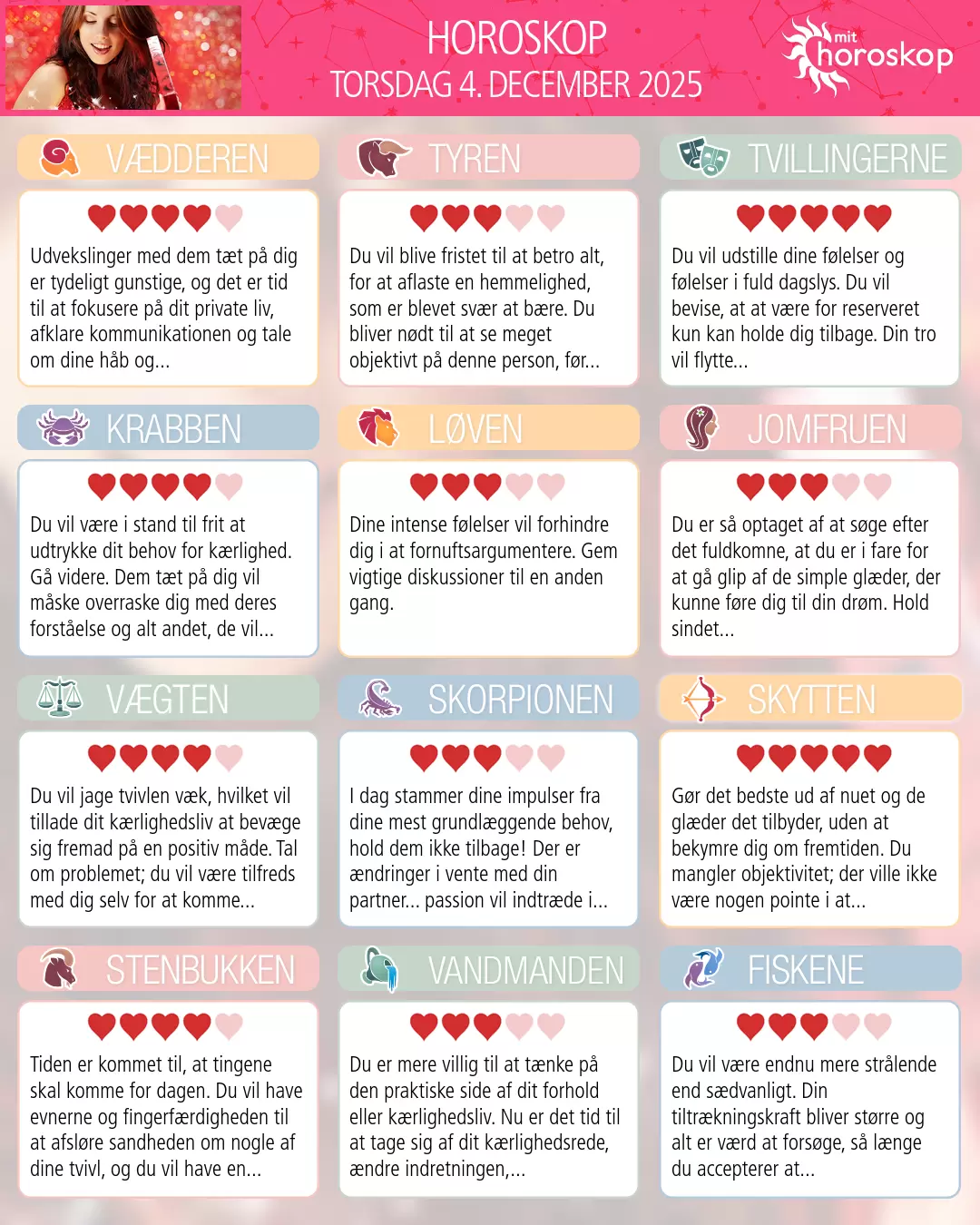 Horoskop for torsdag 4. december 2025