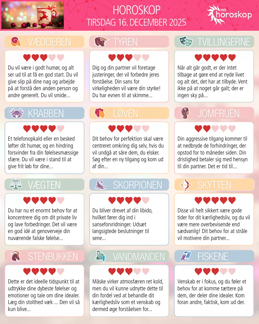 Horoskop for tirsdag 16. december 2025