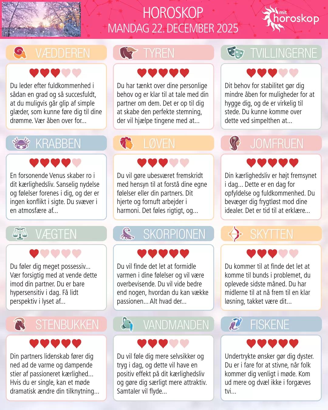 Horoskop for mandag 22. december 2025