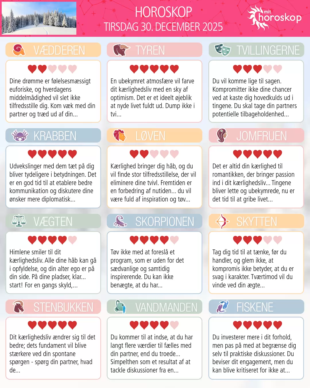 Horoskop for tirsdag 30. december 2025