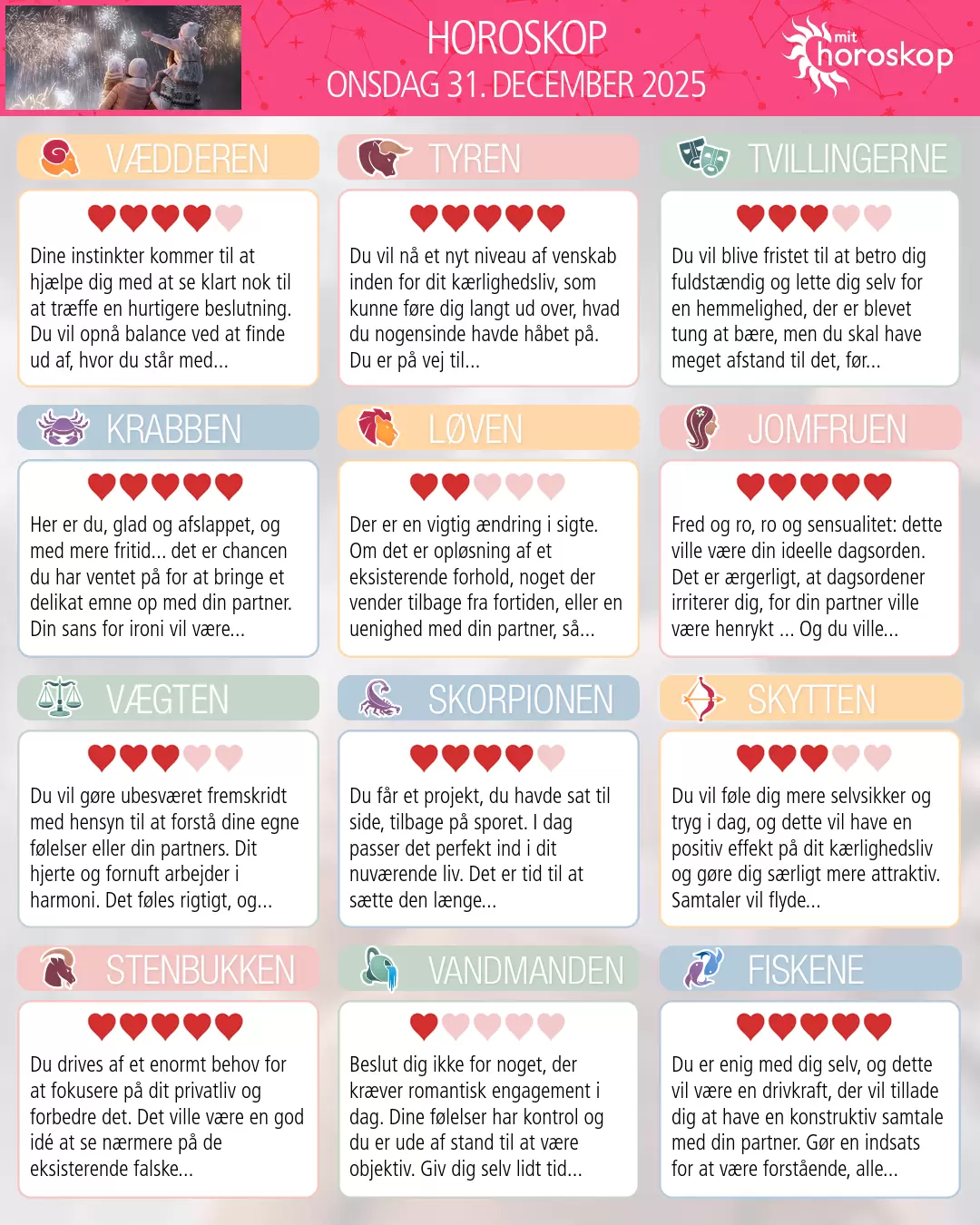 Horoskop for onsdag 31. december 2025