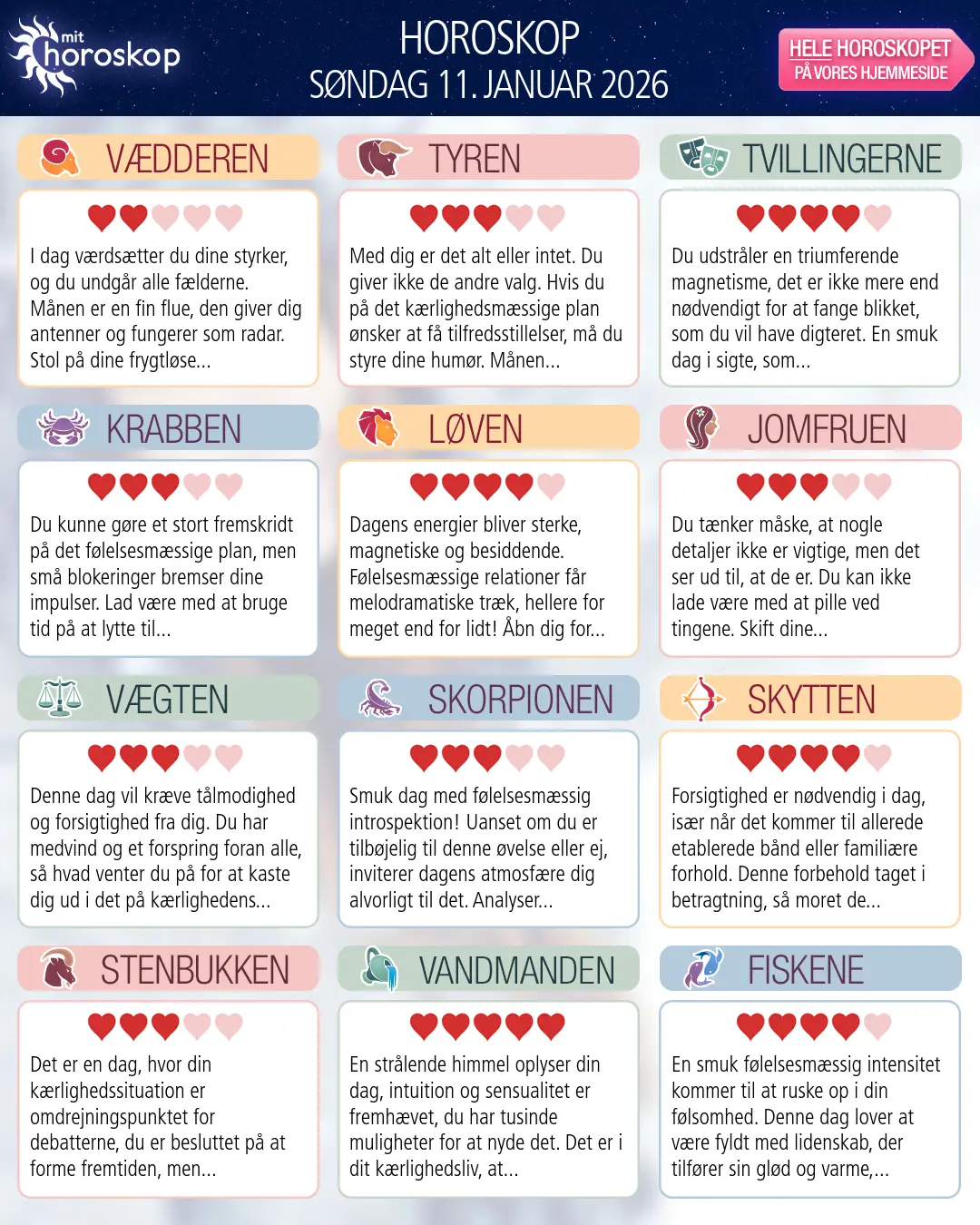 Horoskop for søndag 11. januar 2026