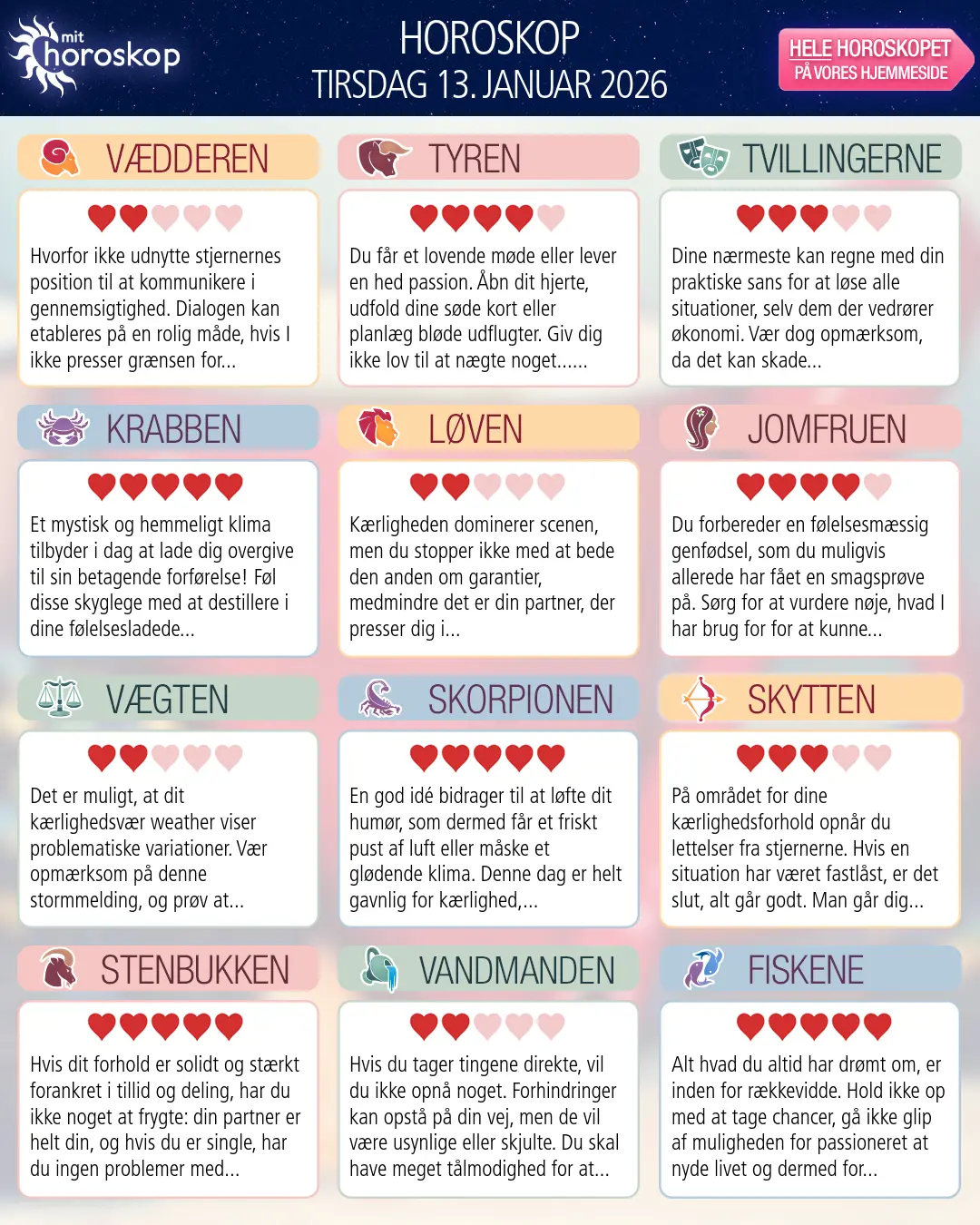 Horoskop for tirsdag 13. januar 2026