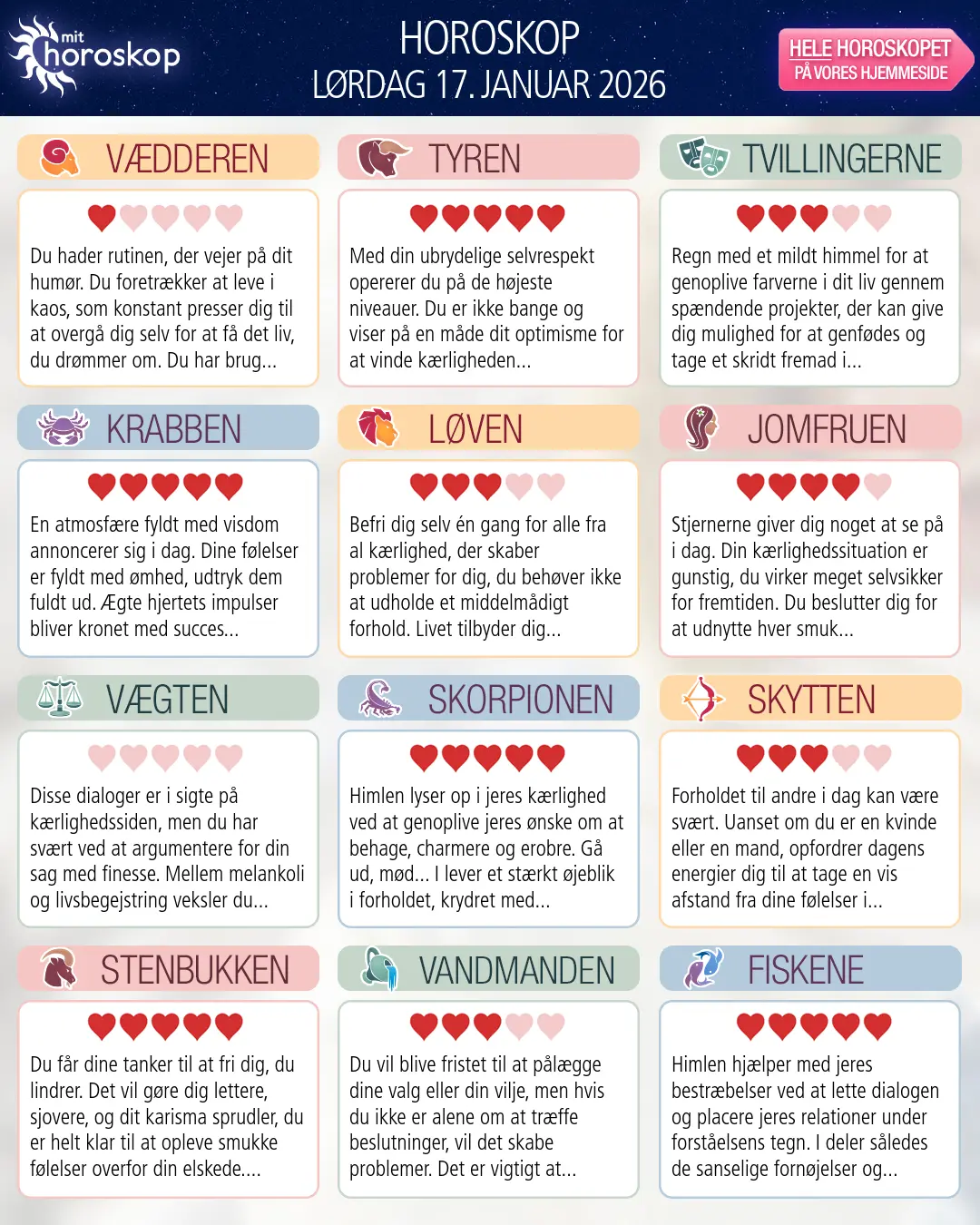 Horoskop for lørdag 17. januar 2026