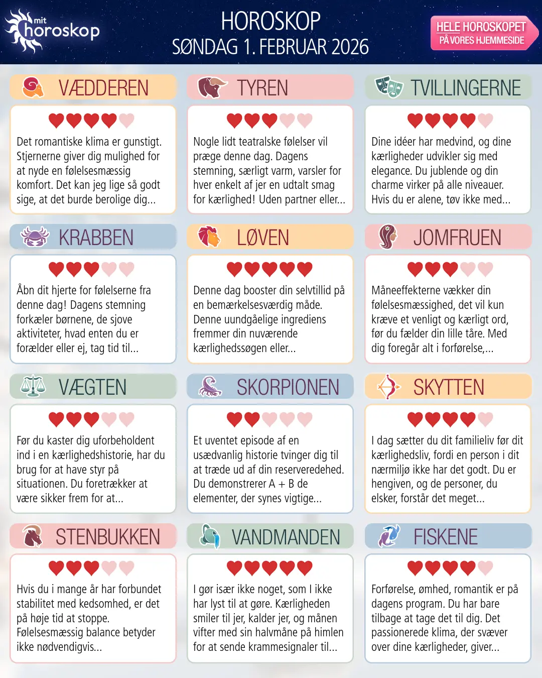 Horoskop for søndag 1. februar 2026