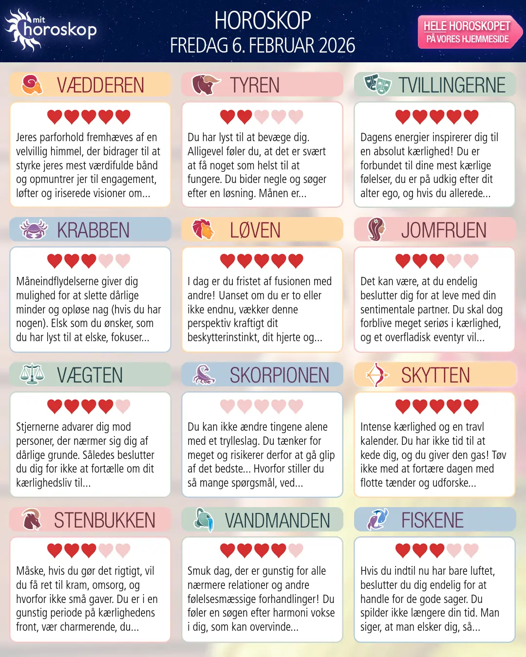 Horoskop for fredag 6. februar 2026