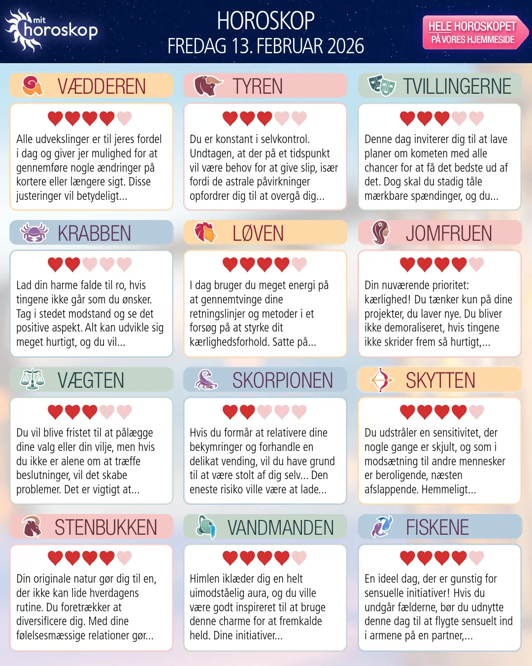 Horoskop for fredag 13. februar 2026
