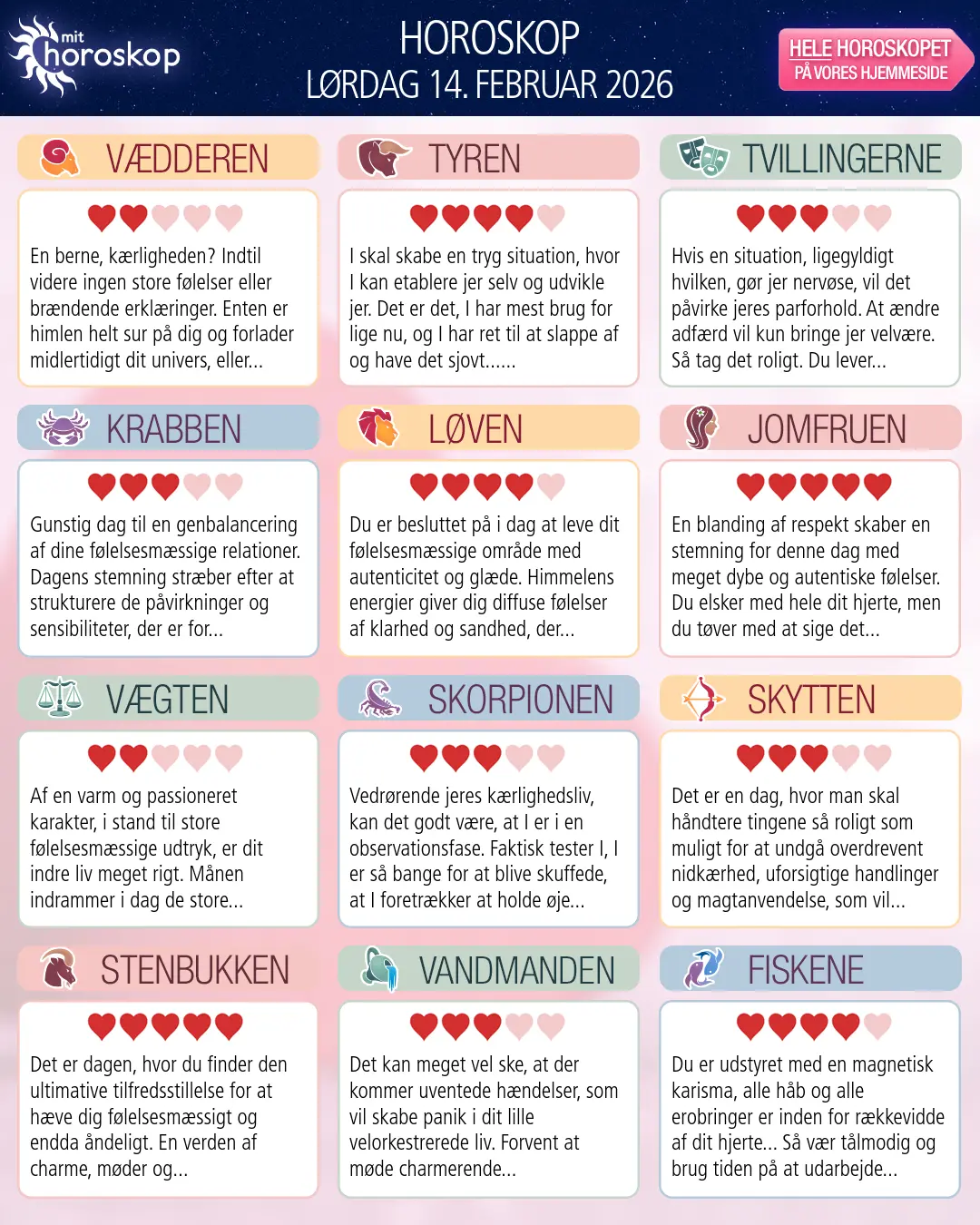 Horoskop for lørdag 14. februar 2026