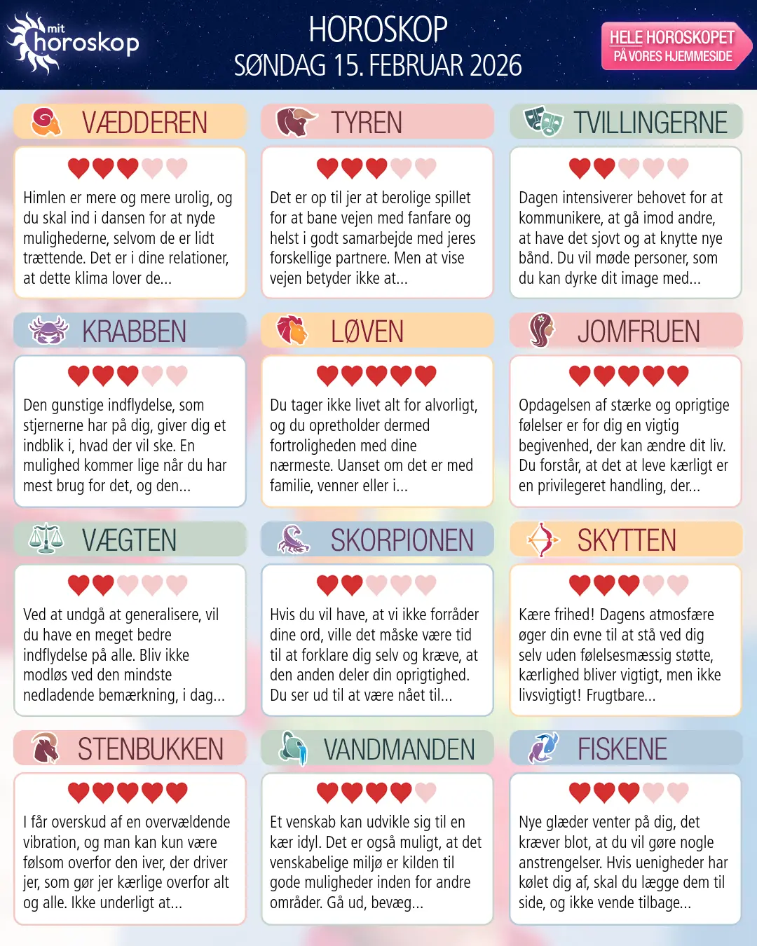 Horoskop for søndag 15. februar 2026