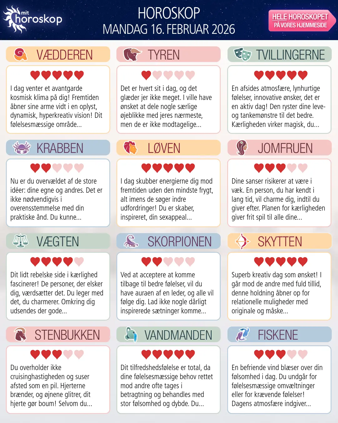 Horoskop for mandag 16. februar 2026