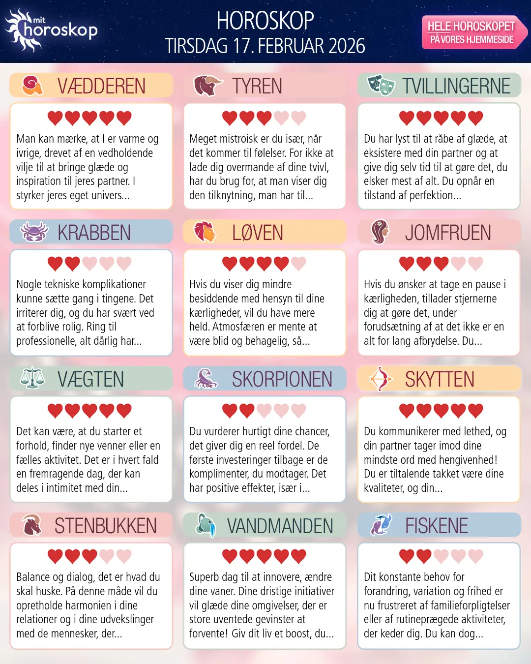 Horoskop for tirsdag 17. februar 2026
