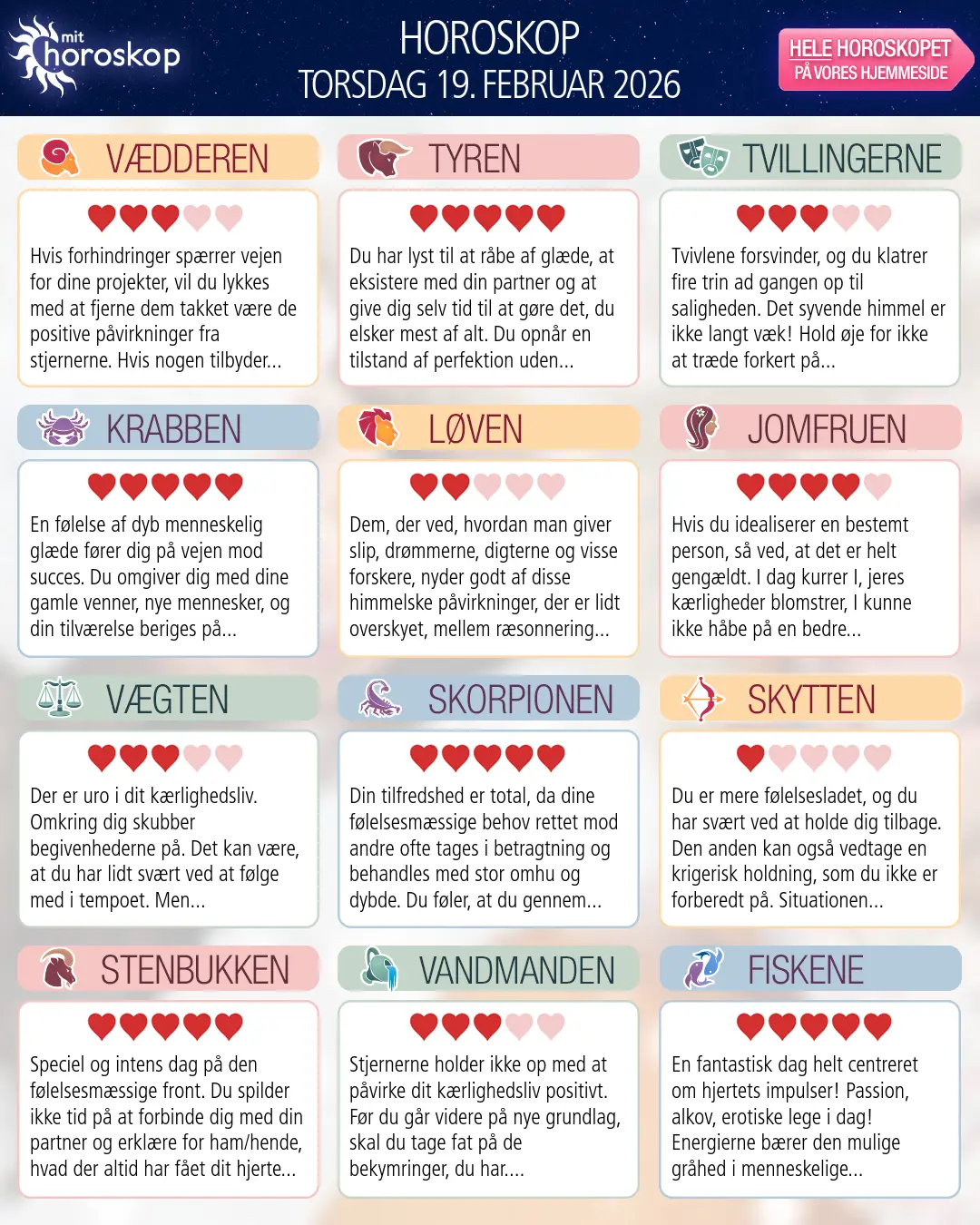 Horoskop for torsdag 19. februar 2026