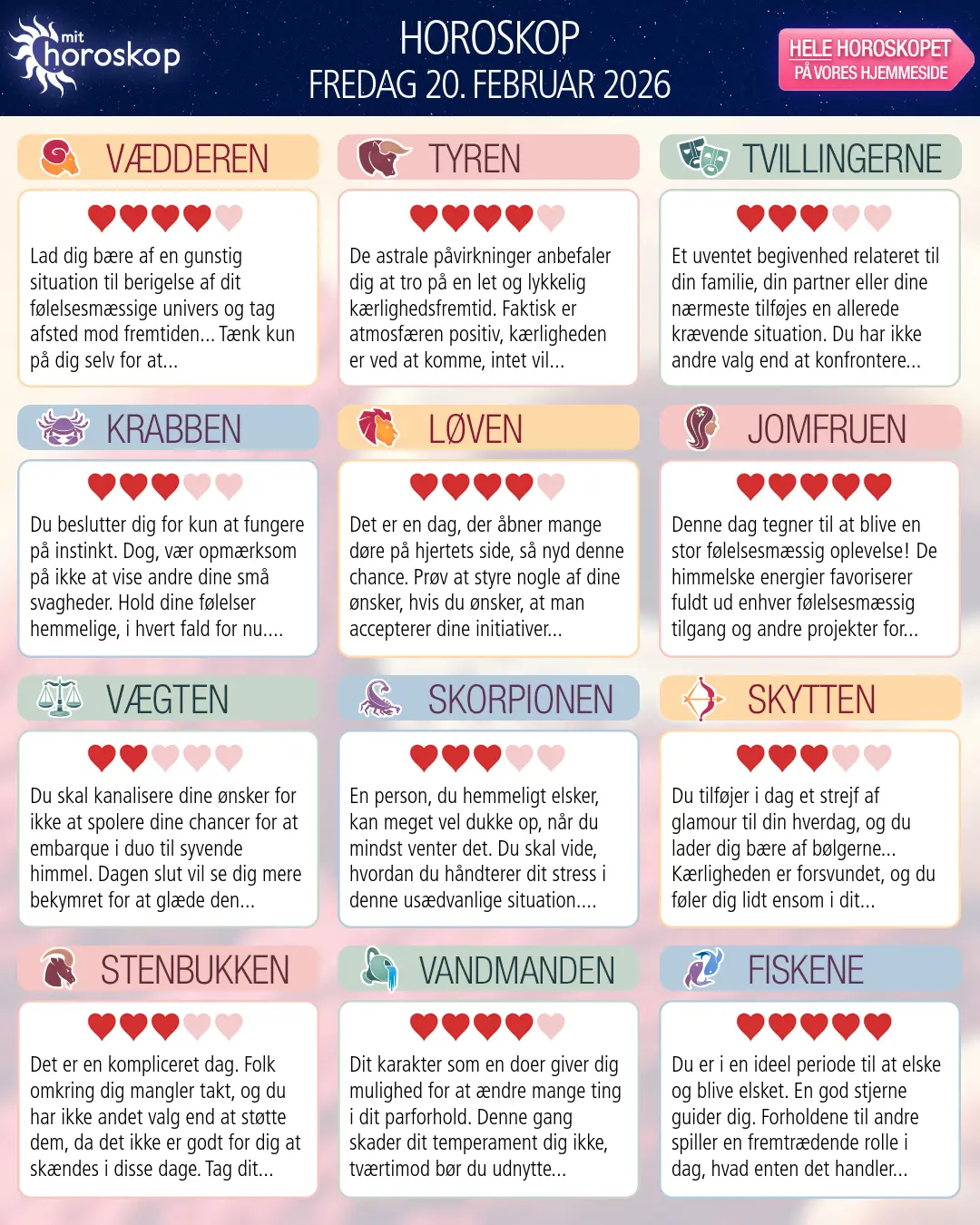 Horoskop for fredag 20. februar 2026
