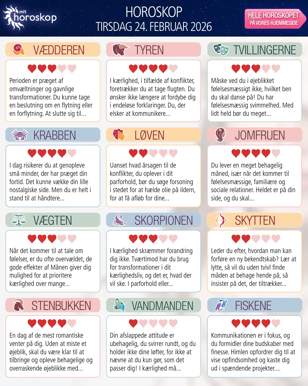 Horoskop for tirsdag 24. februar 2026
