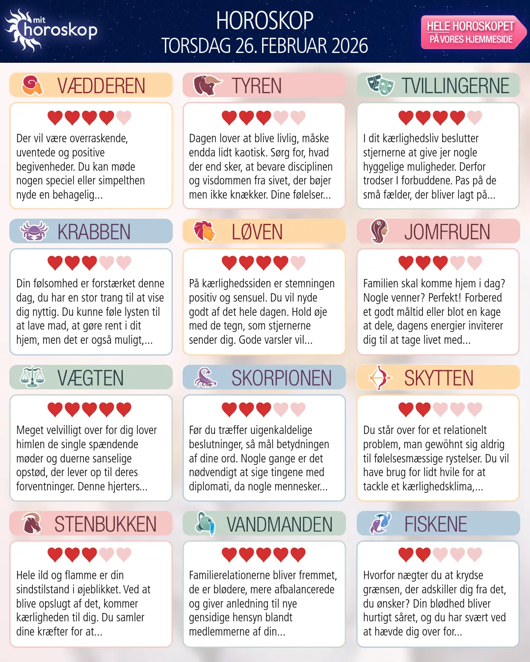 Horoskop for torsdag 26. februar 2026