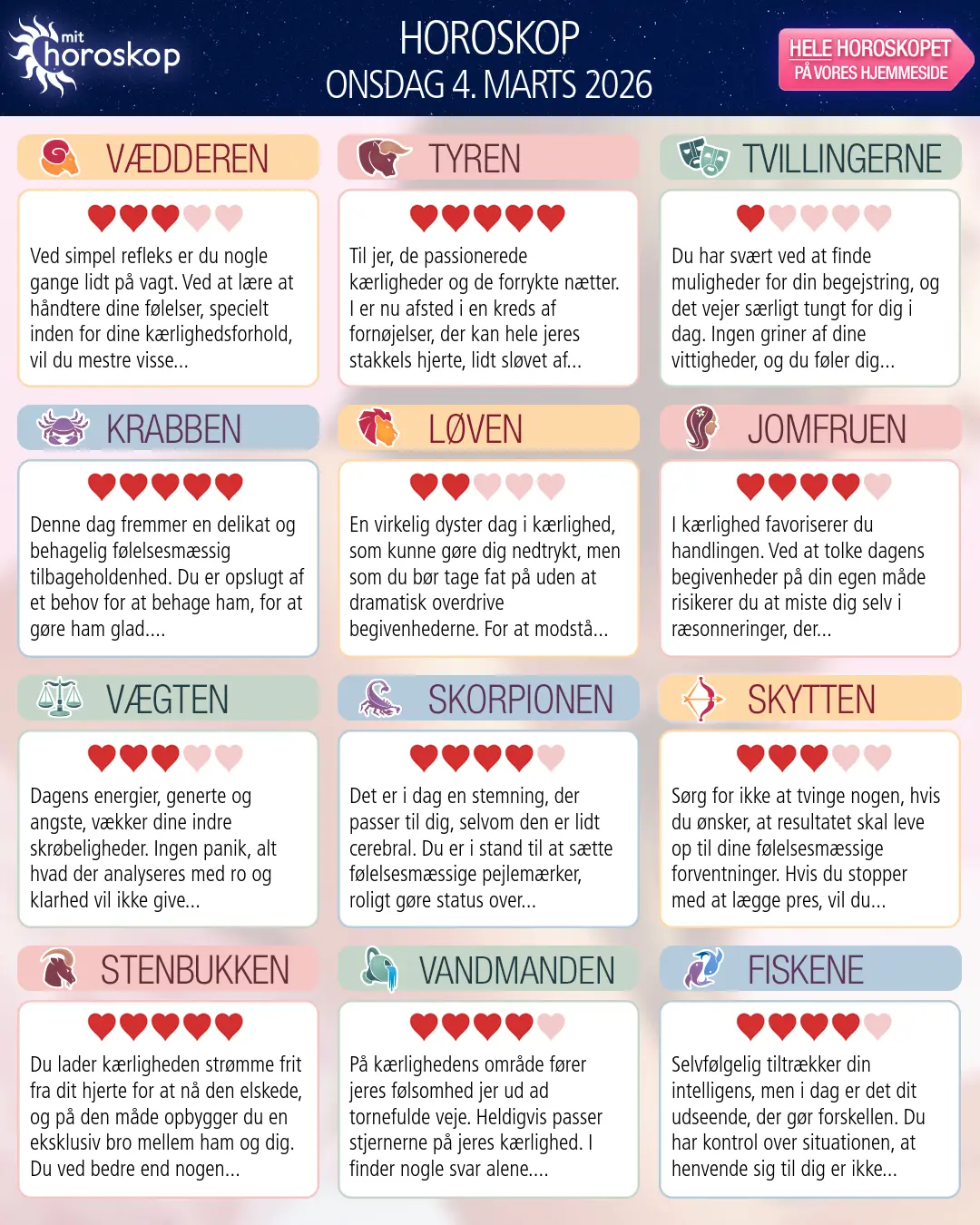 Horoskop for onsdag 4. marts 2026