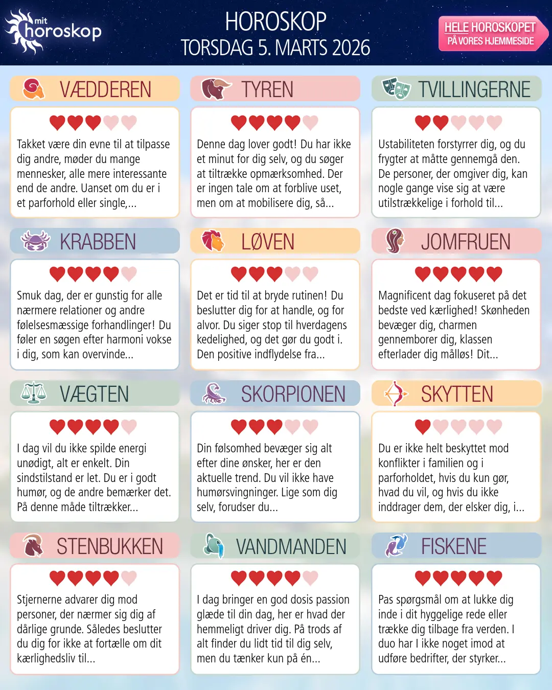 Horoskop for torsdag 5. marts 2026