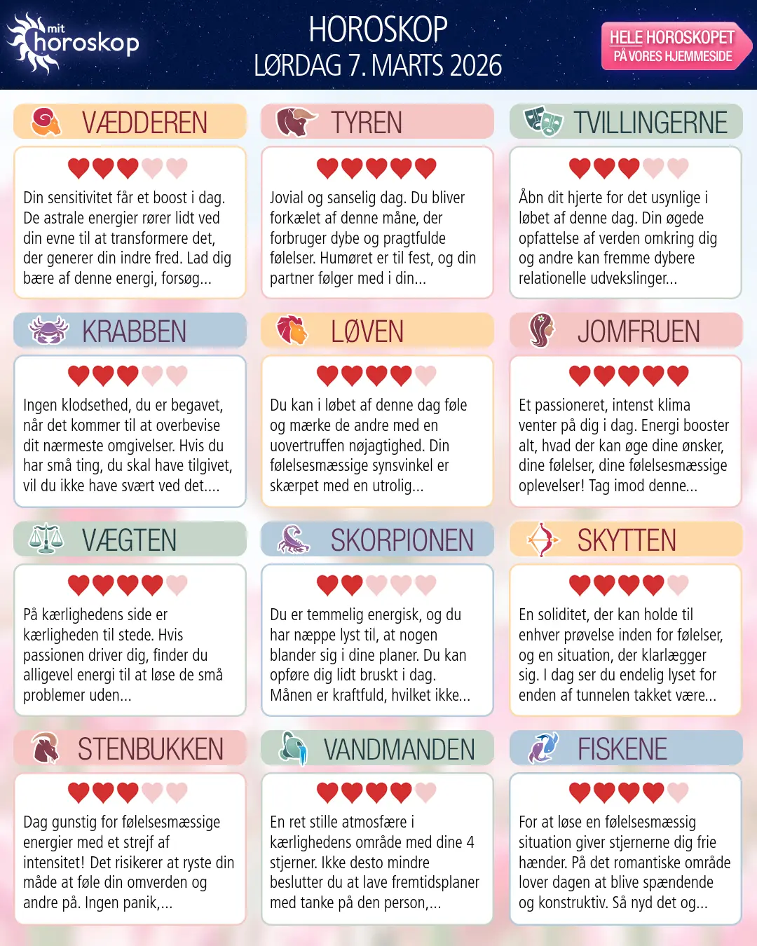 Horoskop for lørdag 7. marts 2026