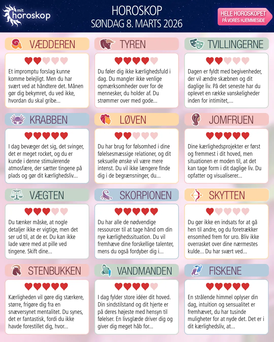 Horoskop for søndag 8. marts 2026