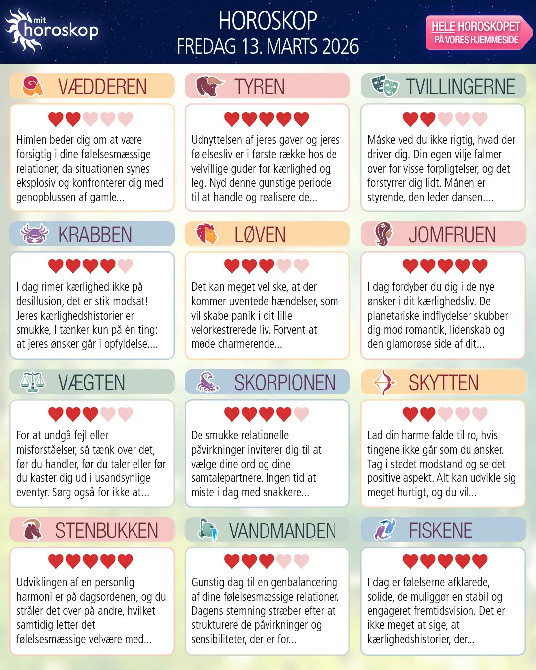 Horoskop for fredag 13. marts 2026