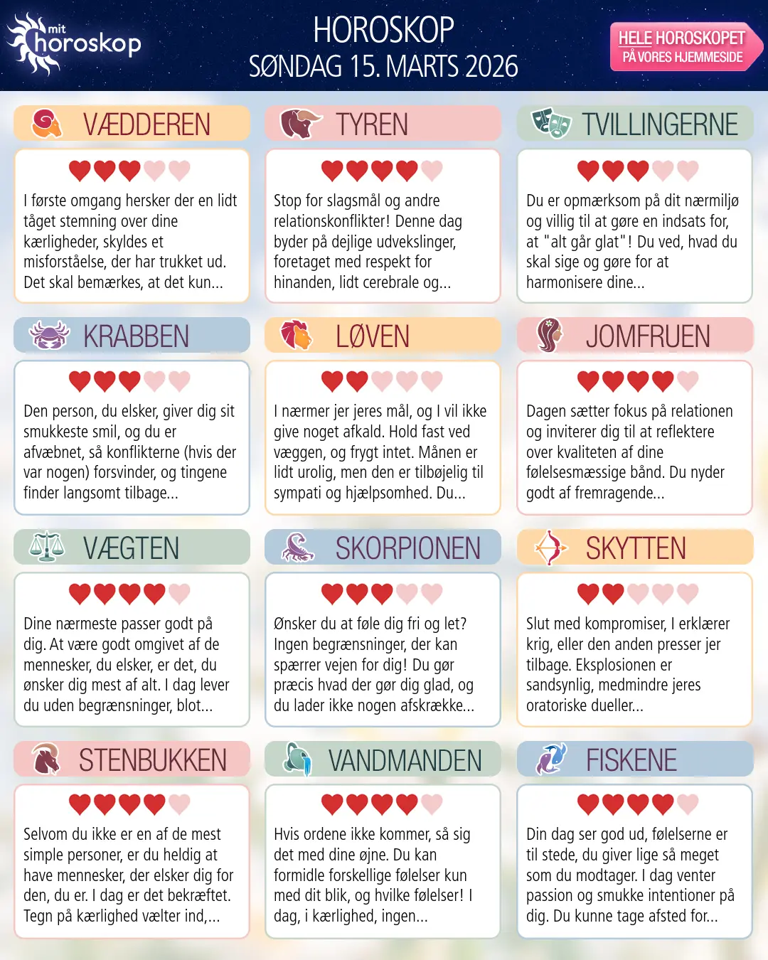 Horoskop for søndag 15. marts 2026