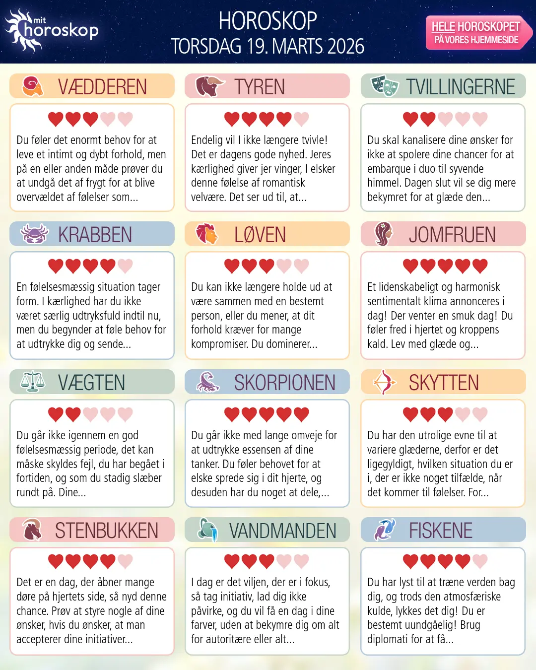Horoskop for torsdag 19. marts 2026
