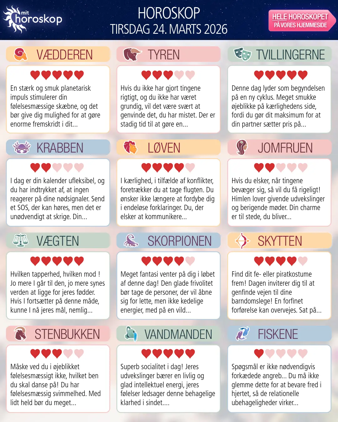Horoskop for tirsdag 24. marts 2026