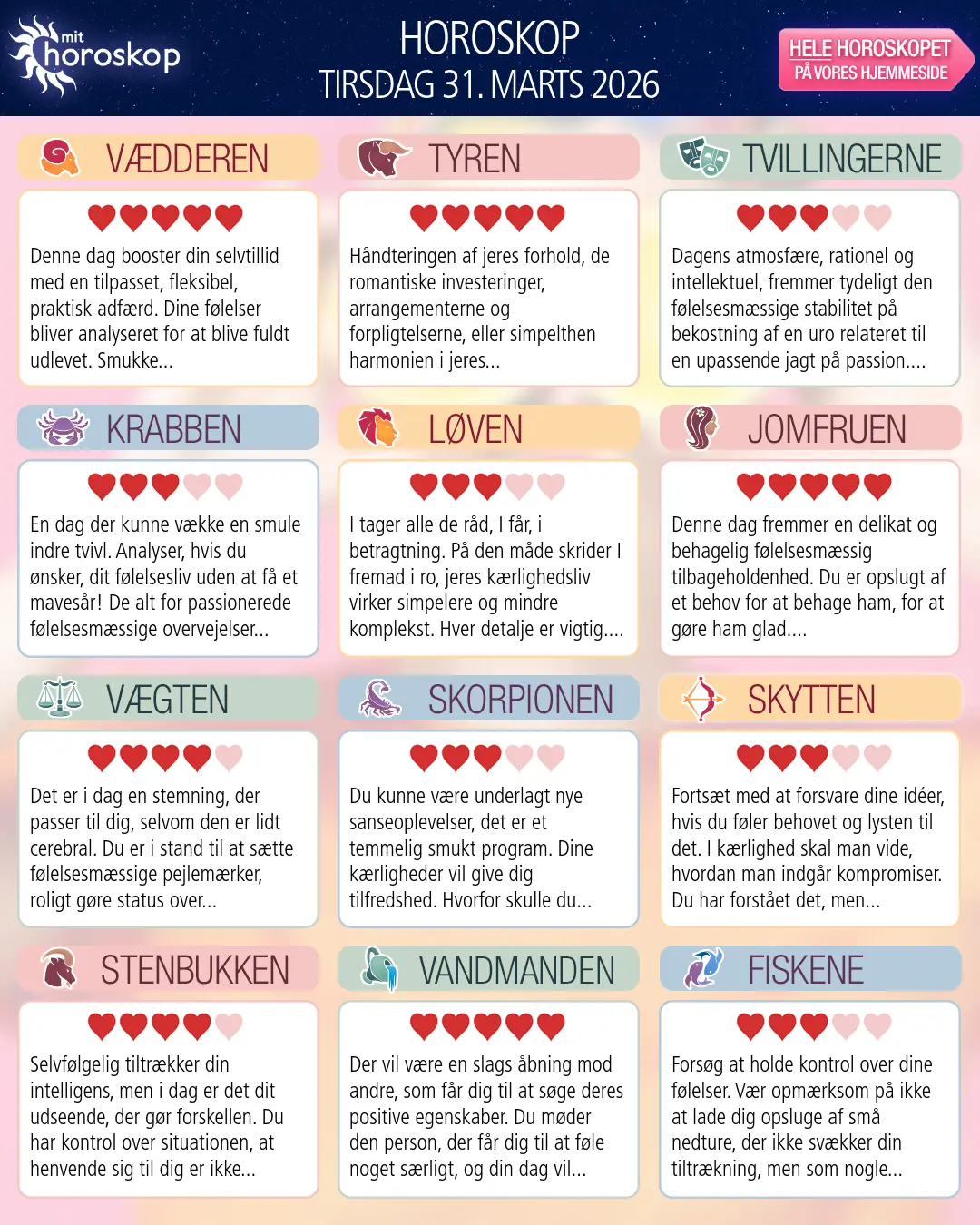 Horoskop for tirsdag 31. marts 2026