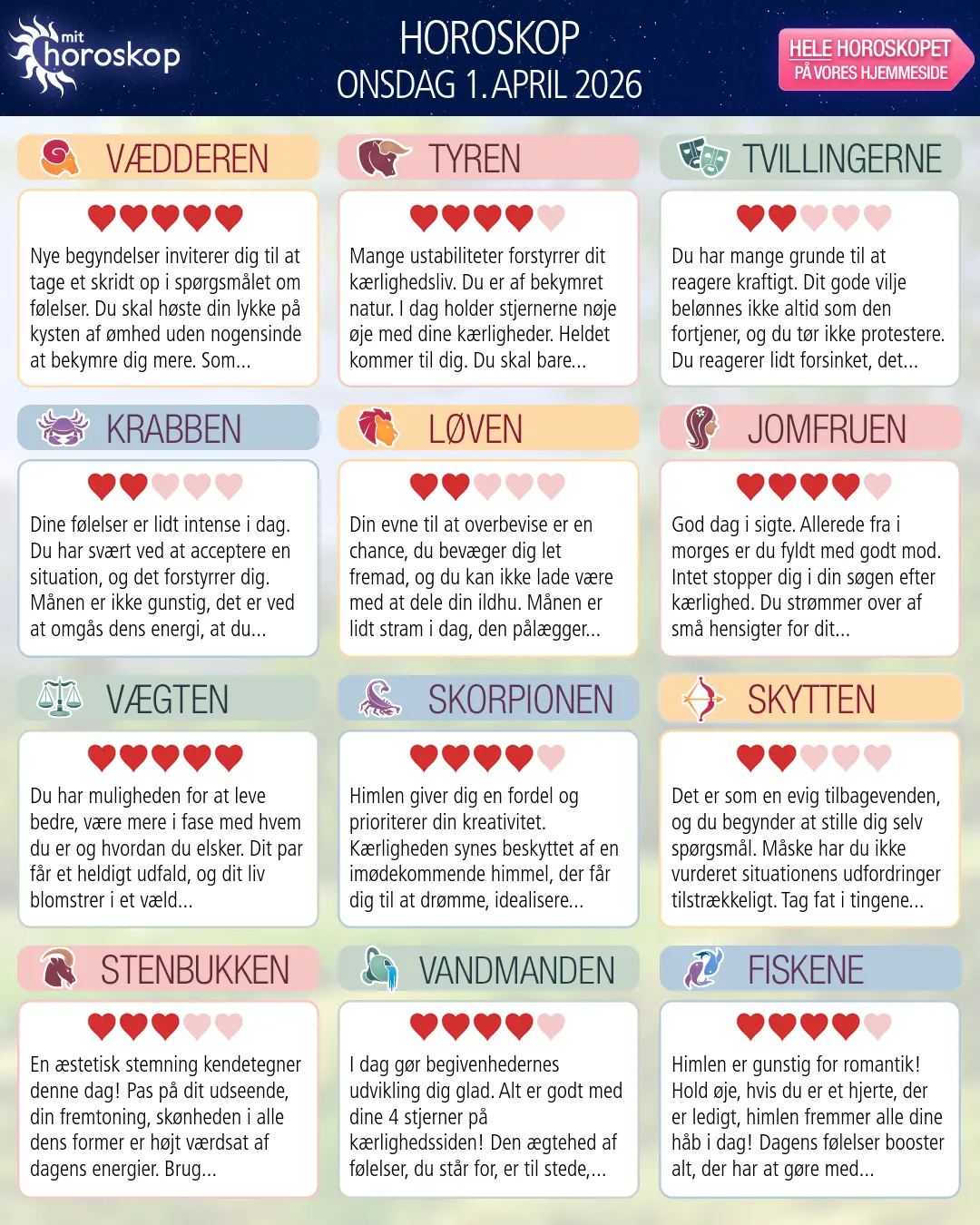 Horoskop for onsdag 1. april 2026