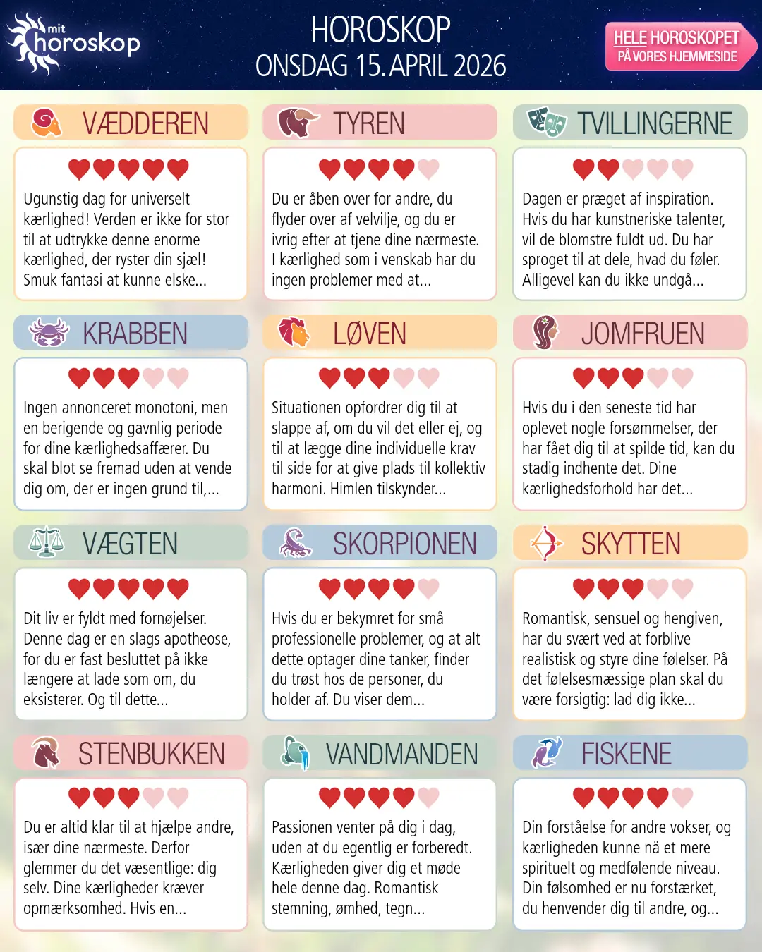 Horoskop for onsdag 15. april 2026