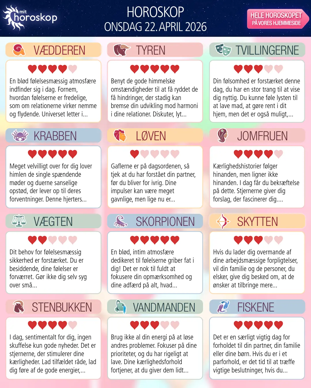 Horoskop for onsdag 22. april 2026