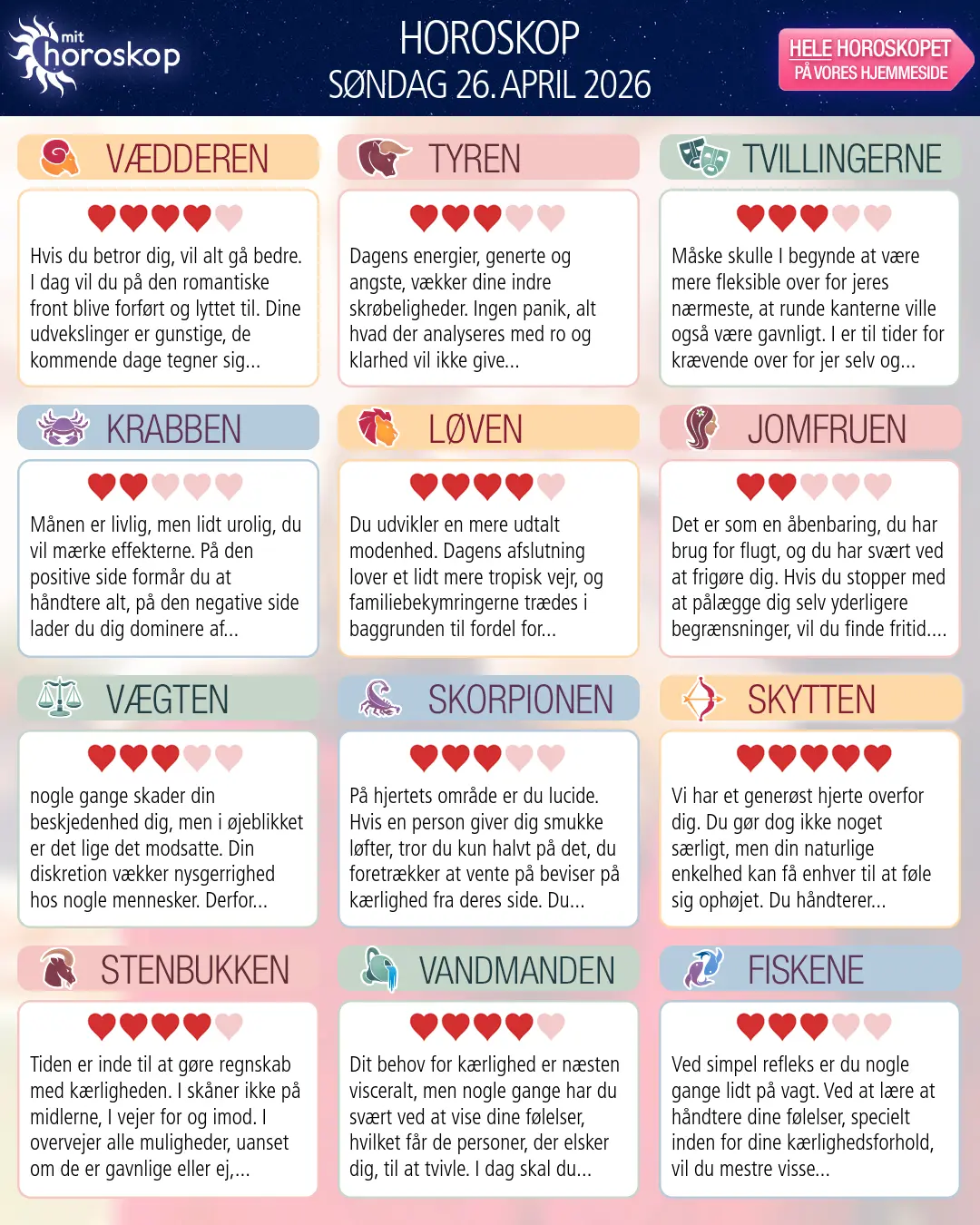 Horoskop for søndag 26. april 2026