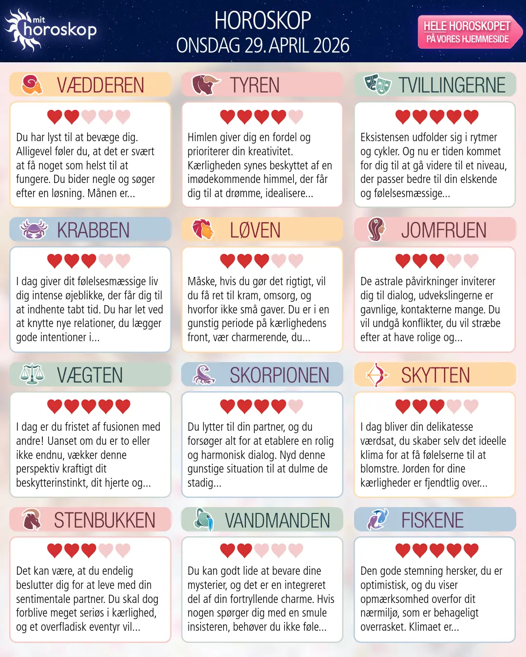 Horoskop for onsdag 29. april 2026
