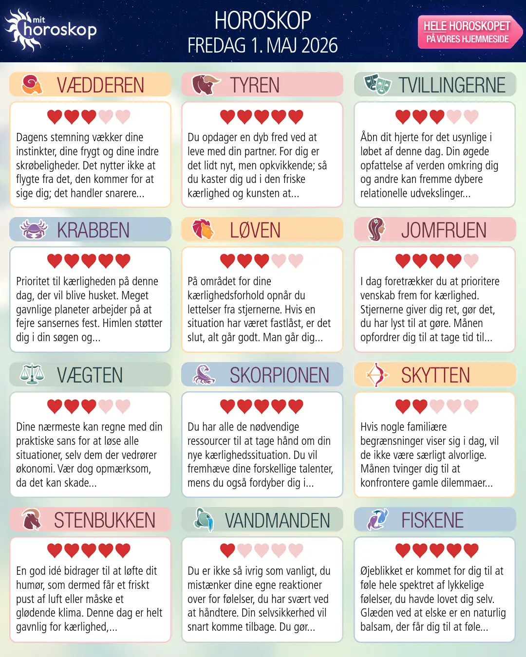 Horoskop for fredag 1. maj 2026
