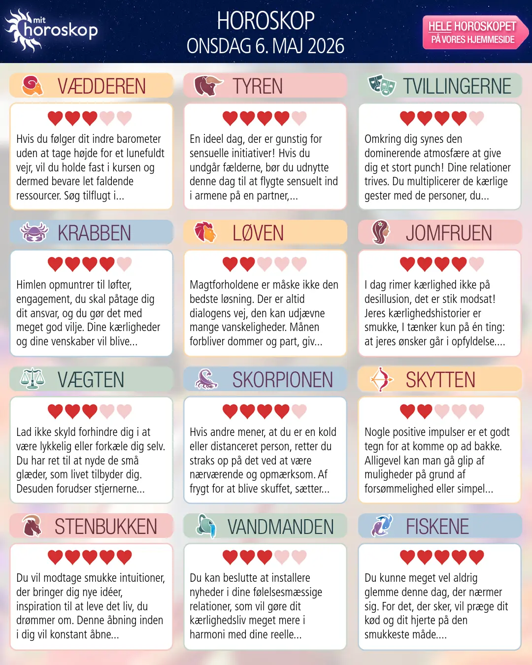 Horoskop for onsdag 6. maj 2026