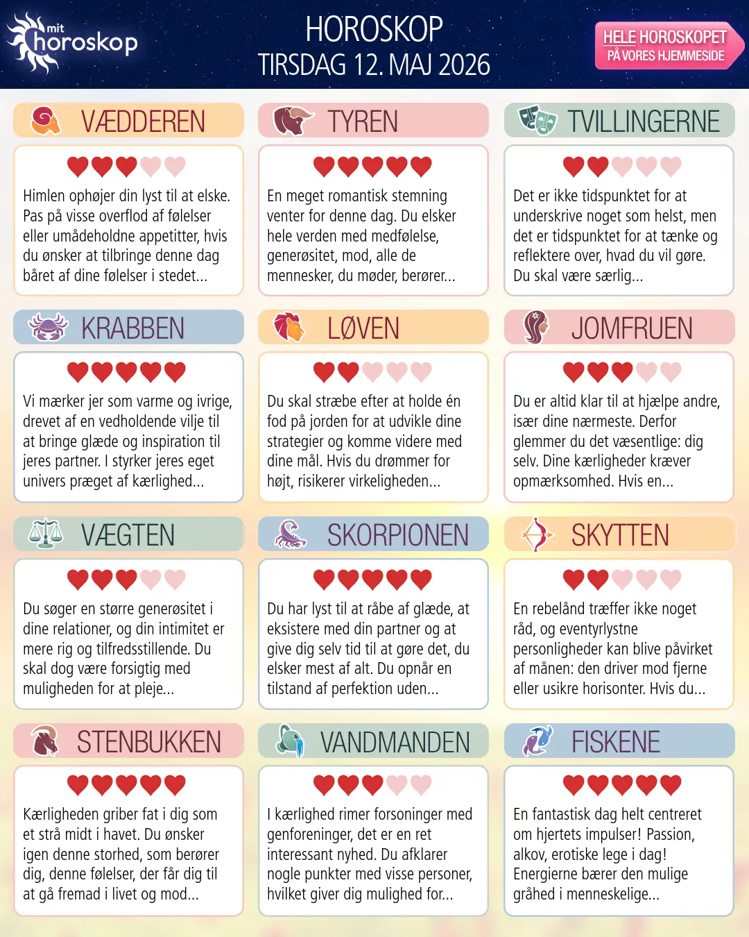 Horoskop for tirsdag 12. maj 2026