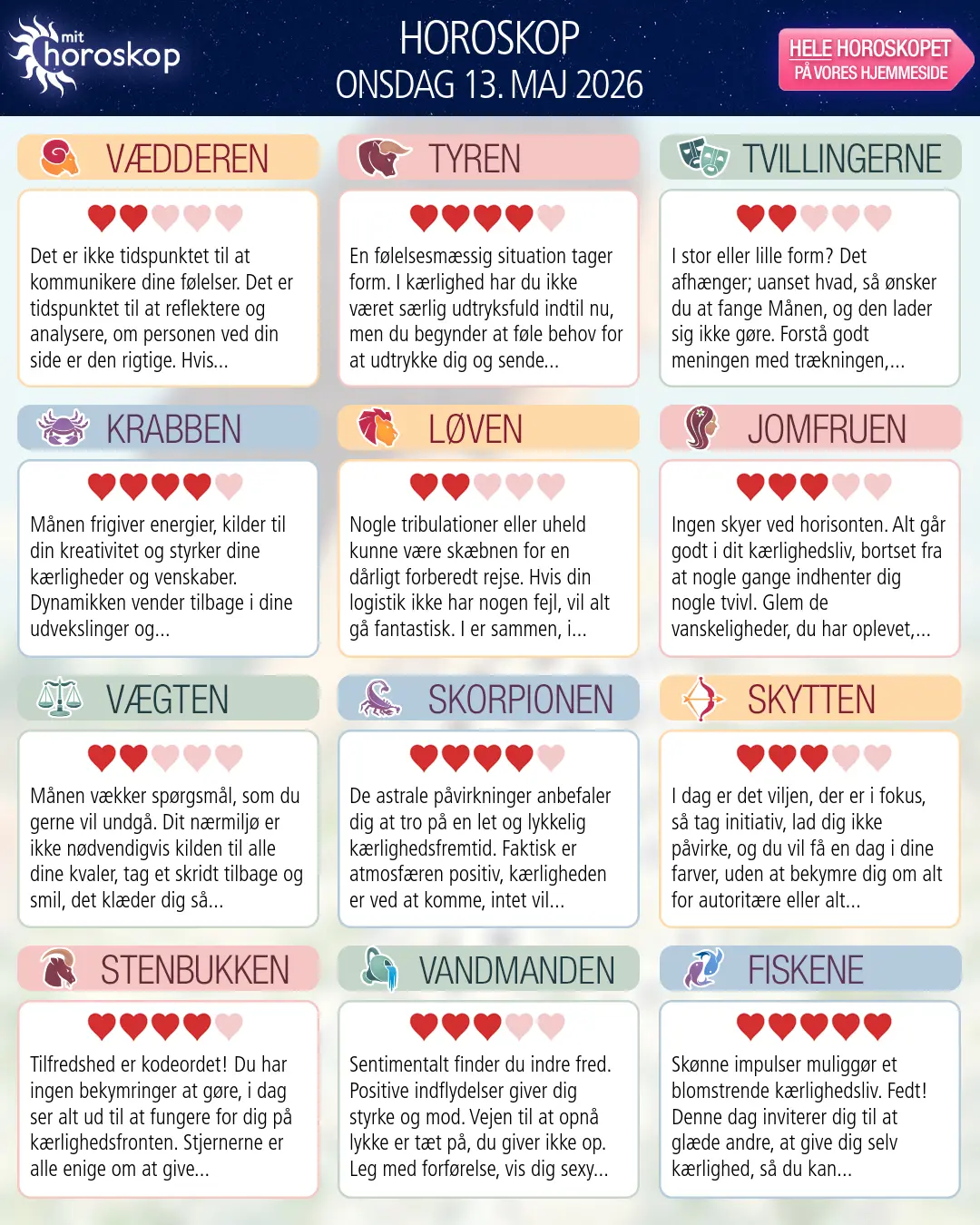 Horoskop for onsdag 13. maj 2026