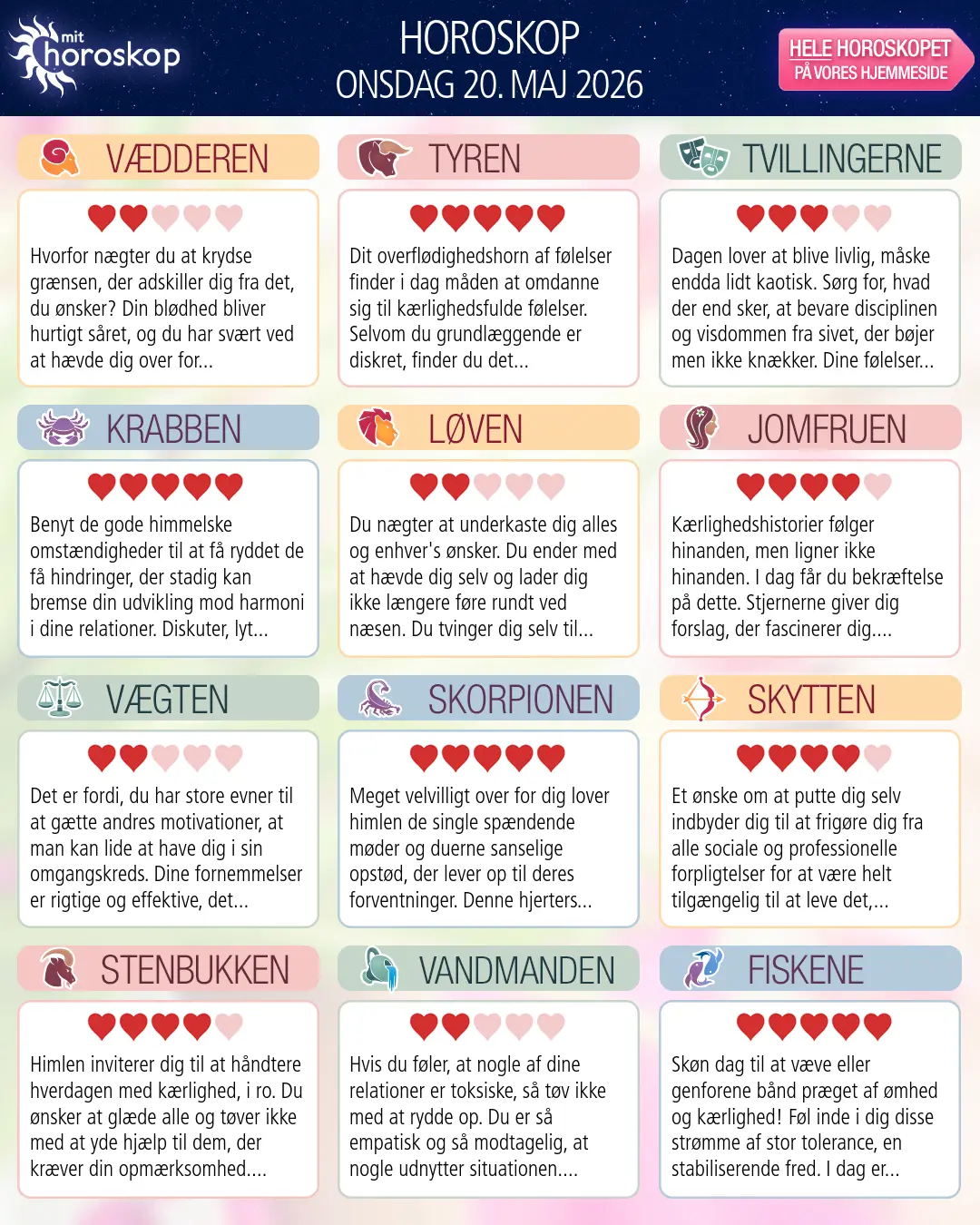 Horoskop for onsdag 20. maj 2026