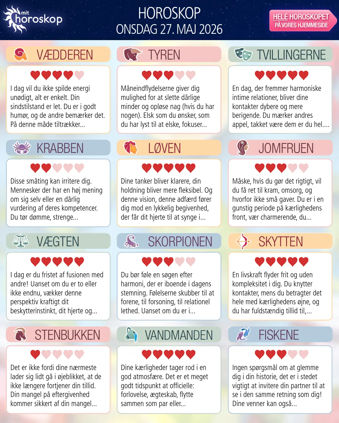 Horoskop for onsdag 27. maj 2026