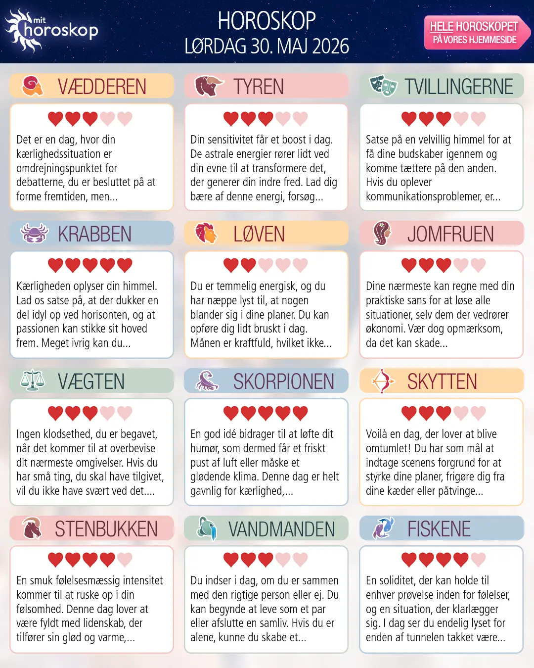 Horoskop for lørdag 30. maj 2026