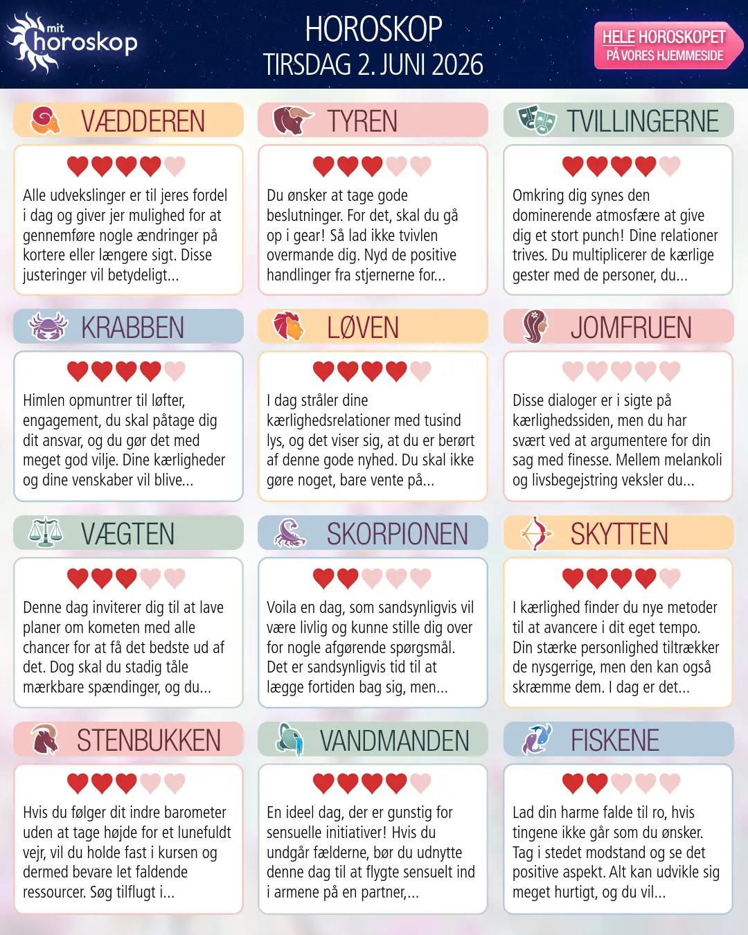 Horoskop for tirsdag 2. juni 2026