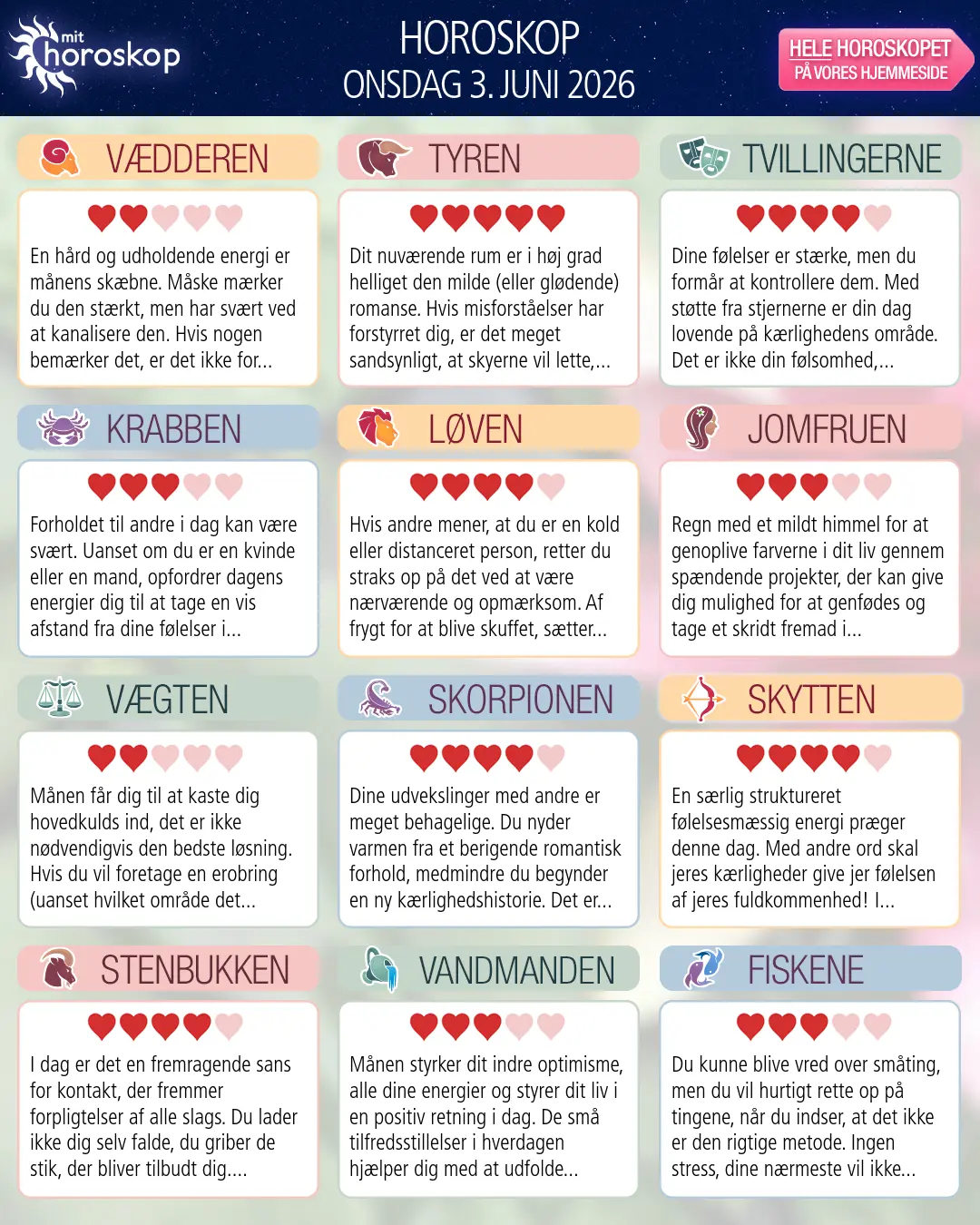 Horoskop for onsdag 3. juni 2026